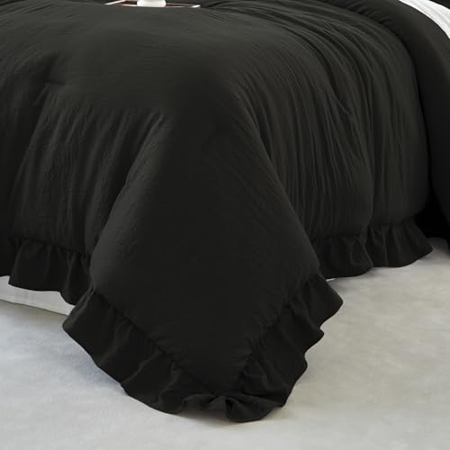 Image of Black Ruffle Comforter Set King, Pre-Washed Shabby Chic Bedding Set, Lightweight Cottagecore Soft Romantic Cozy 1 Comforter & 2 Shams, All-Season
