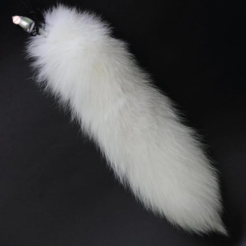 Image of VOREX Moi Stainless Steel White Fur Fox Tail | Premium Manual Wellness Accessory | Soft Faux Fur Tail with Stainless Steel Handle | Lightweight, Portable & Durable Design | Unisex | White