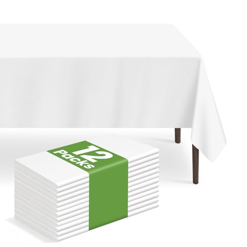 LIKAJON 12 Pack Disposable White Plastic Tablecloth, 54 x 108 Inch