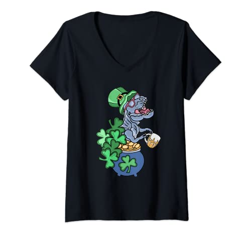 Mujer Divertido día de San Patricio T Rex en sombrero verde sosteniendo cerveza Lager Camiseta Cuello V