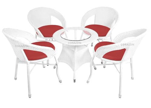 Image of Rattan Wicker Garden Patio Seating Chair and Table Set for Outdoor Balcony Garden Coffee Table Set Furniture with 1 Table and 4 Chairs with Red Cushion (White), 61 cm , 61 cm , 56 cm