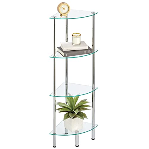 mDesign Modern Glass Corner 4-Tier Storage Organizer Tower Cabinet with Open Shelves - Display Furniture for Bathroom, Office, Bedroom, Living Room - Holds Books, Plants, Candles - Chrome/Clear