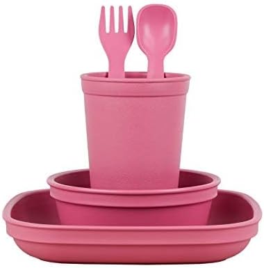 Re-Play Kids Dinnerware Set - 10 oz. Open Cup, 7" Flat Plate, 12 Oz. Bowl, Rounded Tip Fork and Deep Scoop Spoon - Dishwasher/Microwave Safe - Made in USA - Pink