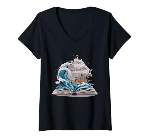 Mujer Velero, en, libro, con, olas Camiseta Cuello V