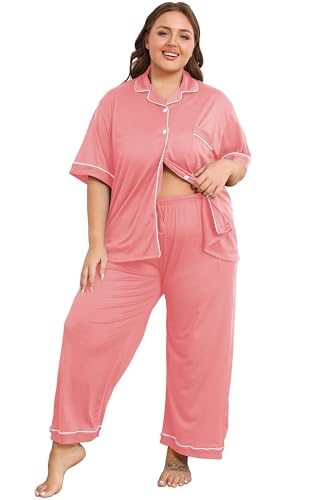 Image of Vozanet Women's Plus Size Pajamas Button Down Shirt and Pants Soft Lounge Sets Bride Nighty Bottom with Pockets 1x to 5x