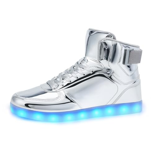 OEKLA Kids LED Light Up Shoes Fashion High Top LED Sneakers USB Rechargeable Glowing Luminous Shoes for Boys Girls Toddler Child (Silver Little Kid 11.5 Numeric US Footwear Size System Medium)