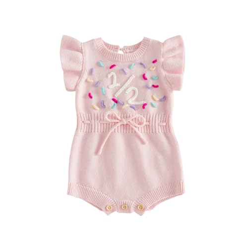 BULINGNA Baby Girl 1st 1/2 Birthday Outfit Long Sleeve Knit Letters Donut Embroidery Romper Sweater Fall Birthday Clothes (Short Sleeve 1/2 6-12 Months)
