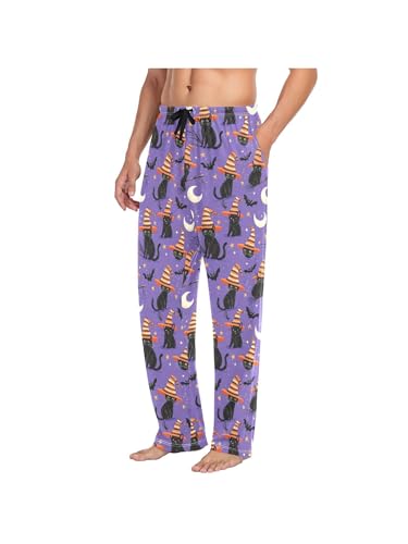 ZZKKO Pajamas Pants for Men Halloween Black Cat Bat Men's Pajama Bottoms 100% Cotton PJ Pants for Mens S3