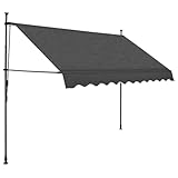 Manuell einziehbare Markise, 300 cm, anthrazitfarbener Stoff, wasserdicht, schmutzabweisend, UV- und wetterbeständig, verstellbare Höhe und Winkel, für Terrassen, Balkone und Decks