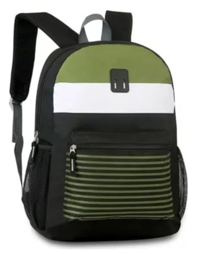 Mochila Escolar Moderna com Listras, Preto e Verde Oliva, Design Minimalista, Compartimentos Múltiplos, Alças Ajustáveis