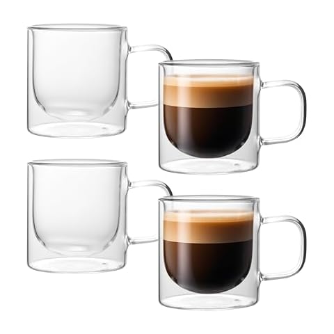NIRA.Z 12 OZ Double Walled Glass Coffee Mugs Set of 4 Clear Coffee Cups with Handle 355ml Hand-Blown Insulated Glass Tea Cups for Hot & Cold Beverages, Cappuccino, Latte, Tea Bags, Espresso, Americano Cover