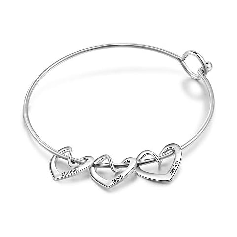 Personalized Name Bracelet Bangle with 2-5 Heart Pendants Engraved Name Bracelets Silver for Women Bangle Cuff Friendship Family (Silver-3heart) Cover