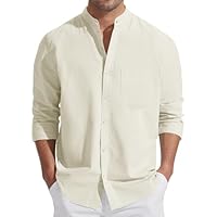 Friptspyg Chemise en Coton et Lin pour Homme - Manches Longues - Coupe Droite - Col Montant - Chemise de Loisirs - Chemise de Plage avec Poche, Beige L