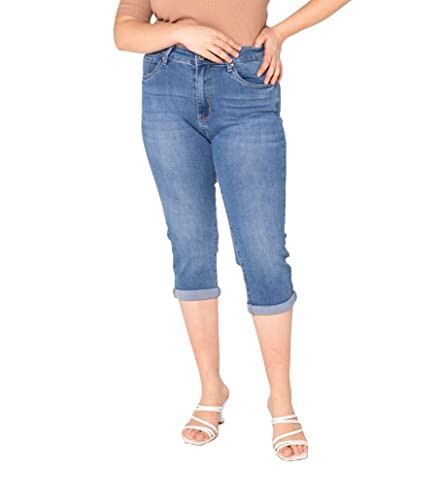 Nina Carter P200 Damen Capri Jeanshosen Große Größen HIGH Waist Jeans Sommer Hose Used-Look (44, Blau (P200-5))