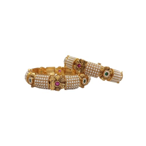 ACCESSHER Traditional Gold Plated Studded Stone Textured Handcrafted Bangles | Latest Stylish Traditional Kada Bangles for Women and Girls (Set of 2) (Design 3, 2.6)