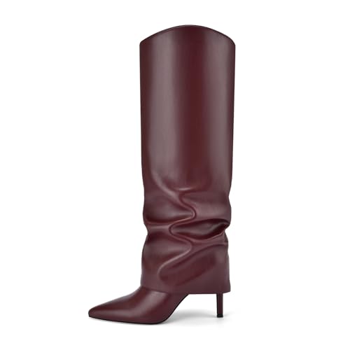 Image of Vaslemuse Womens Knee High Boots Fold Over Stiletto Heels Slouchy Boots Pointed Toe Sexy Long Boots Shark Tall Shoes with Side Zipper