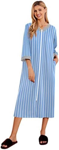Ekouaer Women Zipper Front Robes Long Bathrobe Half Sleeve Night Gowns 3/4 Sleeve Sleepwear Blue and White Stripes Medium