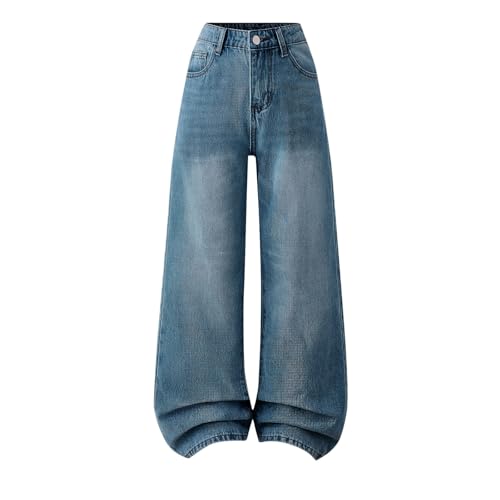 Kids Wide Leg Casual Washed Jeans Elastic Waist Stretchy Loose Denim Pants for Boys Girls 12-16 Years with Pockets