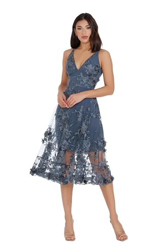 Dress the Population Women's Audrey Spaghetti Strap Midi A-line 3D Floral Dress2