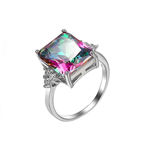 925 Sterling Silver Perfect Princess Cut Shiny Square Colourful CZ Crystal Diamond Wedding Ring Size 6-9 for Women