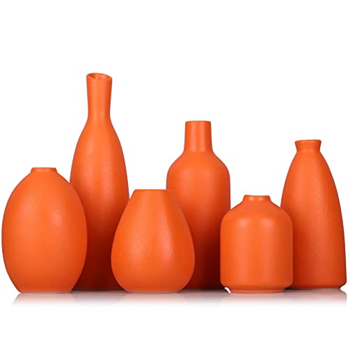 Orange Ceramic Bud Vases Set of 6, Farmhouse Decor, Fireplace Decor, Mantle & Shelf Decor, Home Decoration for Living Room, Entrance, Bathroom, Kitchen & Office, Coffee Table Decor, Bud vases in Bulk