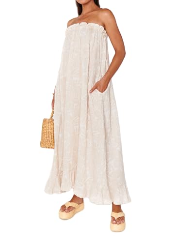 Image of Women Floral Print Maxi Tube Dress Strapless Flowy Long Bandeau Dress Y2K Open Back Sundress Summer Beachwear