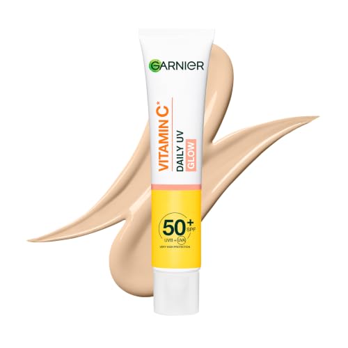 Garnier Vitamin C Tinted Suncreen for Face SPF50+ Daily UV Brightening Fluid Sheer Glow Prevents Corrects Sun Damages Evens Skin tone Face & Neck For All Skin Types Cruelty-Free Vegan 40ml