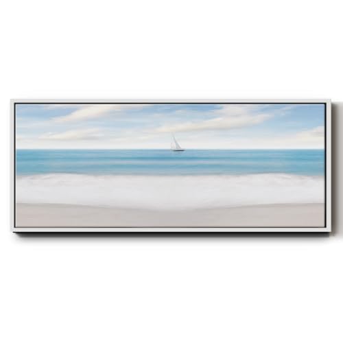 Renditions Gallery Seascape Wall Art Painting for Home Beautiful Beach Boat Scene Floater Frame Artwork Design for Bedroom Kitchen Office - 12"x30" White Frame LT618