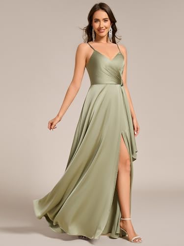 Image of Ever-Pretty Women's Sexy Spaghetti Straps Ruched V Neck Floor Length Satin Formal Dress with Slit 02317