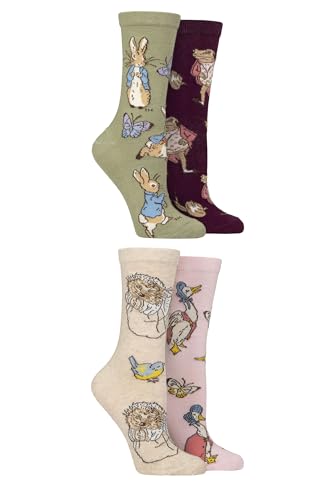 SockShop Womens Beatrix Potter Socks 4 Pair Gift Box Set Featuring Peter Rabbit Jeremy Fisher Miss Tiggy-Winkle and Jemima Puddle-Duck Cute Cotton Character Footwear UK 4-8 Multi