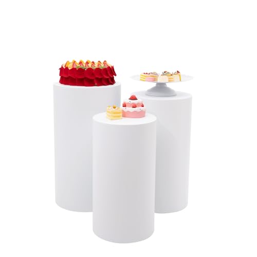 Mahugde 3 PCS Cylinder Pedestal Stands White Cylinder Pedestal Display Stand Dessert Table Display Pillars Metal Plinth Pillars for Wedding Baby Shower Birthday Event Decor