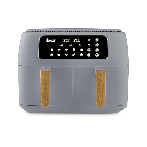 Swan SD10410GRY Nordic Duo 13-in-1 Air Fryer with Dual Non-Stick Baskets, Swan Cyclone Technology, 13 Pre-Set Functions, Match Cook, 8L, 1700W, Grey