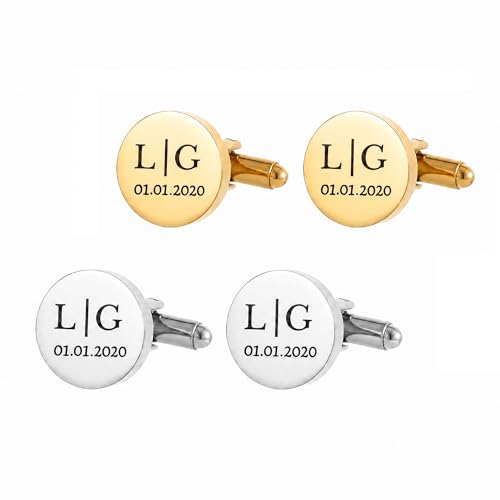 Personalized 18K Gold Plated Stainless Steel Cufflinks, Custom Engraved Wedding Cufflinks with Initials & Date, Unique Gift for Groom, Father of the Bride, Groomsmen