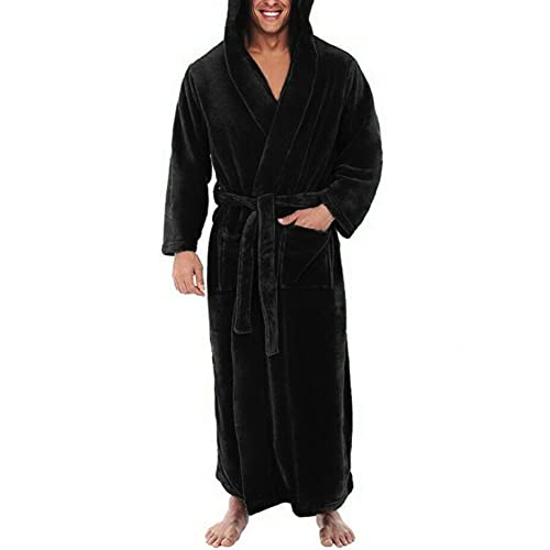 Mens Hooded Fleece Robe Plush Long Bathrobes Bath Robe for Men Black XL