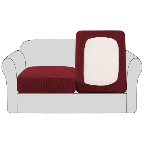 BellaHills Stretch Sofa Seat Cushion Cover Sofa Couch Cushion Furniture Protector Sofa Slipcover with Elastic Bottom Spandex Jacquard Fabric Small Checks(2 Pieces, Burgundy Red)