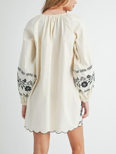 Image of Joiemont Womens Embroidered Long Sleeve Mini Dress Loose Fit Vintage Embroidery Dress with Double Neckline Self Tie