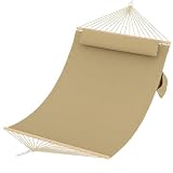 Amaca Matrimoniale da Giardino Imbottita con Barre in Legno e Cuscino, Portata 204kg, 200x140cm, Amaca Doppia per Esterno, Interno, Terrazza e Campeggio, Marrone
