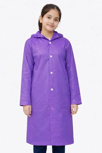 Image of Nephar Kids Boys & Girls Waterproof Hooded Raincoat | Long Length PVC Rain Wear Jacket | Lightweight Full Sleeve Button Closure Monsoon Coat