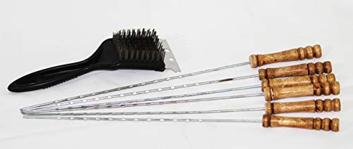 Fabrilla Barbeque Grill Tools Set : 6pcs Long Skewers and 1 BBQ Cleaning Brush