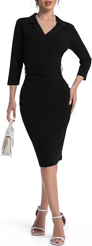 Image of SxClub Business Dresses for Women Elegant Long Sleeve Bodycon Pencil Knee Length Formal Dress for Evening Cocktail