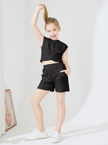 Image of Girls Clothing 2 Piece Summer Set Short Sleeve Tops Shirts Baggy Shorts with Pockets Fashion Outfits for Kids