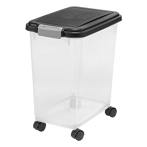 IRIS USA 30 Lbs / 33 Qt WeatherPro Airtight Pet Food Storage Container with Attachable Casters, For Dog Cat Bird and Other Pet Food Storage Bin, Keep Fresh, Translucent Body, Easy Mobility, Black