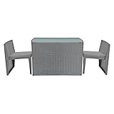 Dimensions : Chaise : L 55 × P 55 × H 68cm - Table : L 112 × l 62 × H 74cm - Matières : Revêtement : résine tressée - Structure : acier - Plateau : verre - Coussins : polyester, mousse - Couleurs : Revêtement : gris - Coussins : gris - Livré monté - Garantie 2 ans - Livraison en 1 colis en pas de porte, en bas d'immeuble