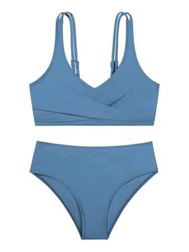 Girls Swimsuit 2 Piece Tropical Floral Twist Cross Swimwear High Waisted Bikini Set Teen Solid Color Bathing Suit 9-16T