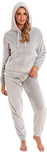 KATE MORGAN Womens Pyjamas Warm Fleece Pyjamas for Women Sets Pjs with Pockets S-XL | Soft Twosie Pyjama Set for Ladies Gifts for Her (Medium, Grey/Hooded)