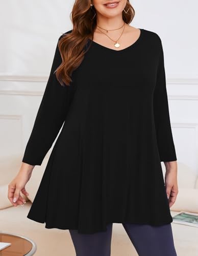 Image of LARACE Tunics 3 /4 Sleeve Plus Size Tops for Women V Neck Loose Fit Flowy Clothing for Leggings