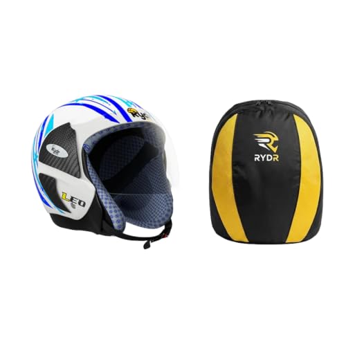 Image of RydrKids-URA Star S-Leo-Blue Motorcycle Helmet with Visor Shield and Helmet Bag, Size XS (Ages Upto 8 Years Blue) | Lightweight, Adjustable Safety Helmet for Boys