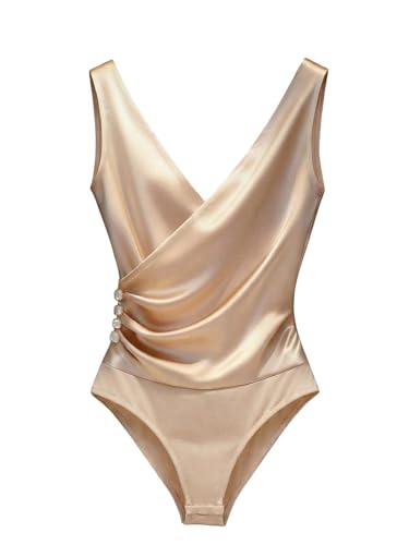 SHENHE Womens Satin Wrap V Neck Bodysuit Sleeveless Ruched Draped Elegant Dressy Bodysuit Blouse Apricot Large