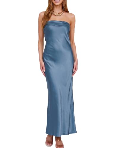 Image of Realtix Summer Satin Strapless Backless Maxi Dress for Women Wedding Guest