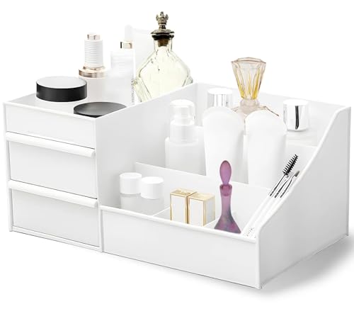 Image of COOFANDY Makeup Organizer, Skin Care Organizers and Storage Box with Drawers for Vanity, Bathroom Countertop Holder for Lipstick Skincare Perfume Brush, Dresser Desk Top Cosmetics Display Case (White)